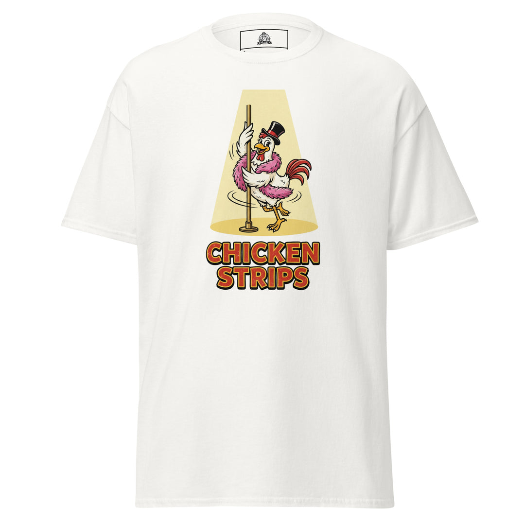 Chicken Strips funny pun graphic tee — cartoon chicken in top hat and pink feather boa pole dancing in a golden spotlight