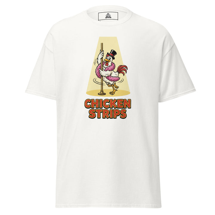 Chicken Strips funny pun graphic tee — cartoon chicken in top hat and pink feather boa pole dancing in a golden spotlight