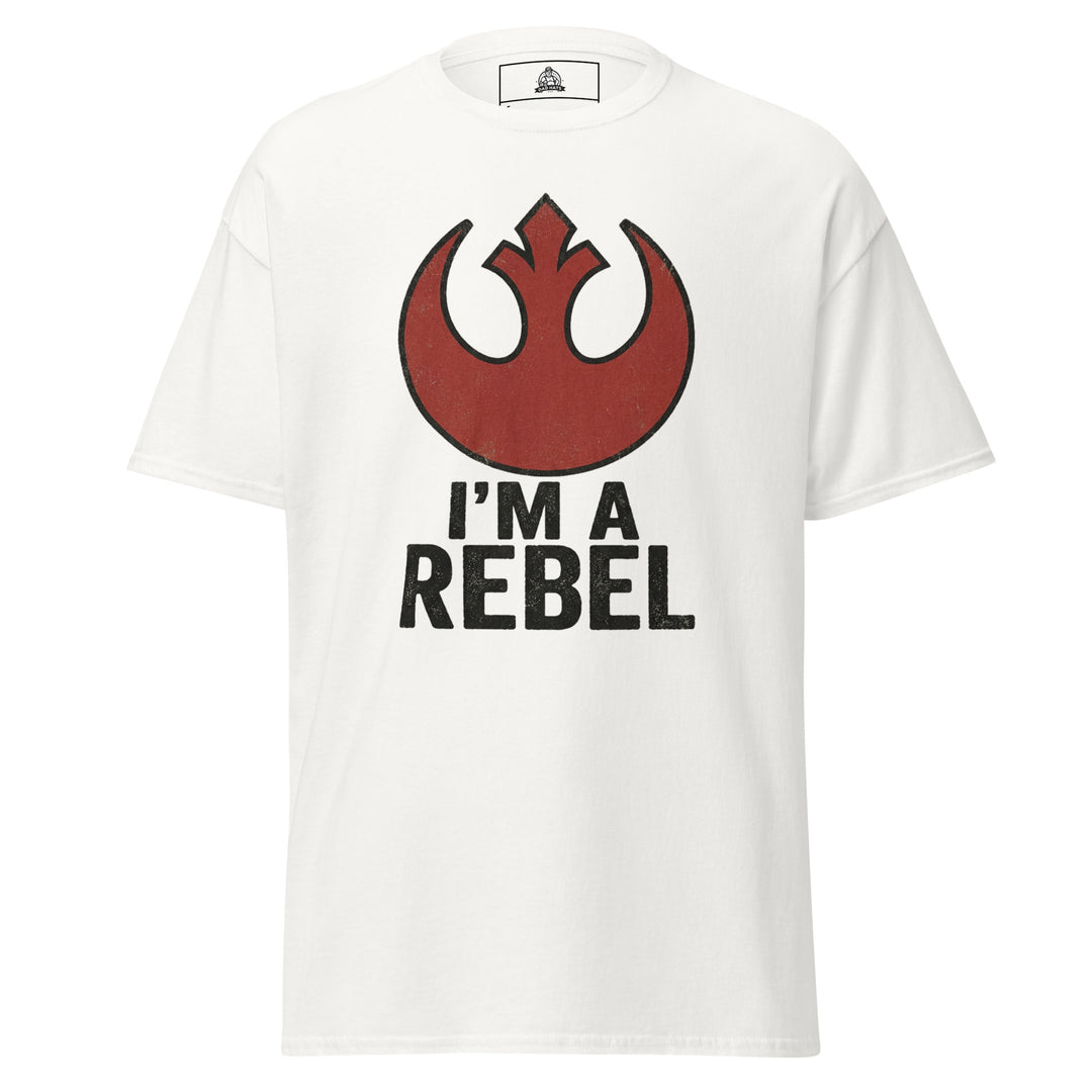 I'm A Rebel graphic tee — red rebel starbird insignia with bold I'M A REBEL text