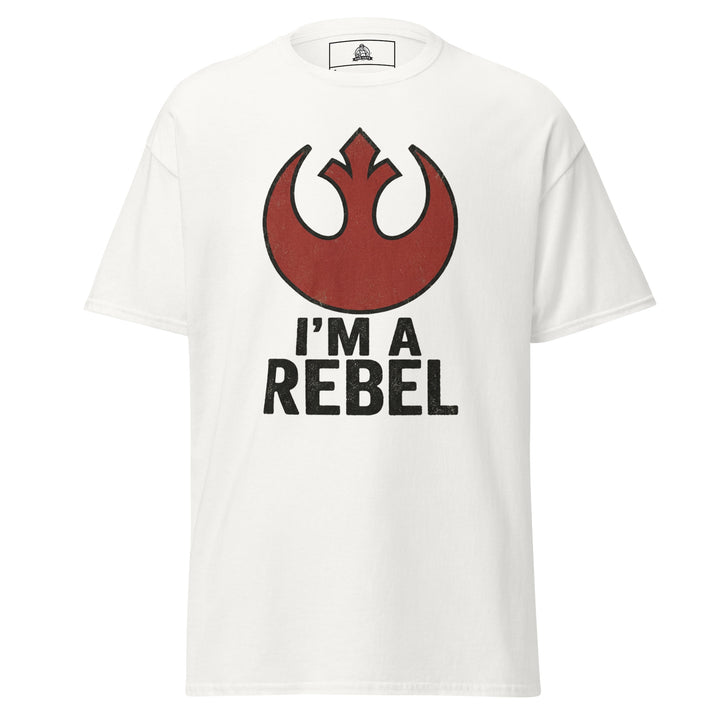 I'm A Rebel graphic tee — red rebel starbird insignia with bold I'M A REBEL text