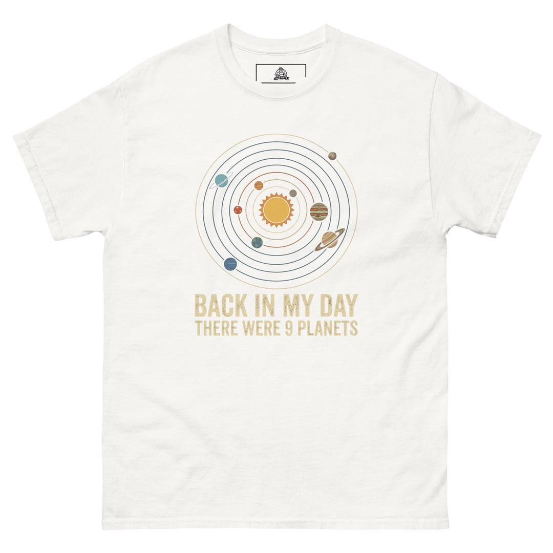 Back In My Day There Were 9 Planets funny graphic tee — vintage solar system diagram with sun, orbit rings, and all nine planets including Pluto