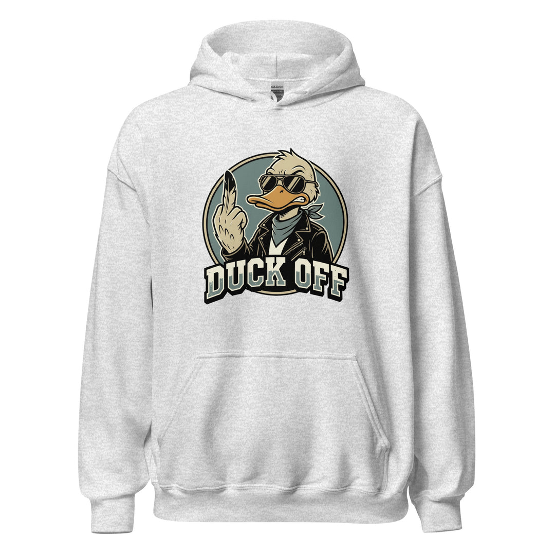 Duck Off funny pun graphic tee — duck in aviator sunglasses and leather jacket raising a middle feather