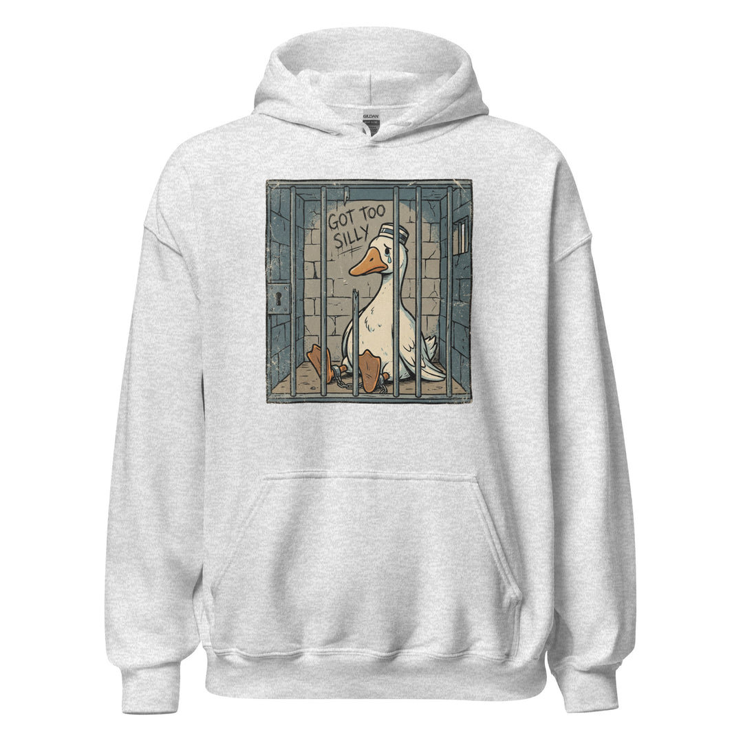 Got Too Silly funny meme graphic tee — sad cartoon goose in a jail cell wearing a prisoner cap with GOT TOO SILLY graffiti on the wall