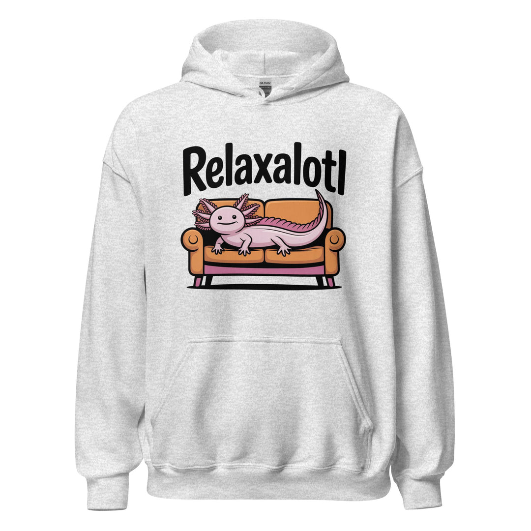 Relaxalotl — a pink axolotl lounging on a couch, captioned Relaxalotl, printed on a unisex hoodie.