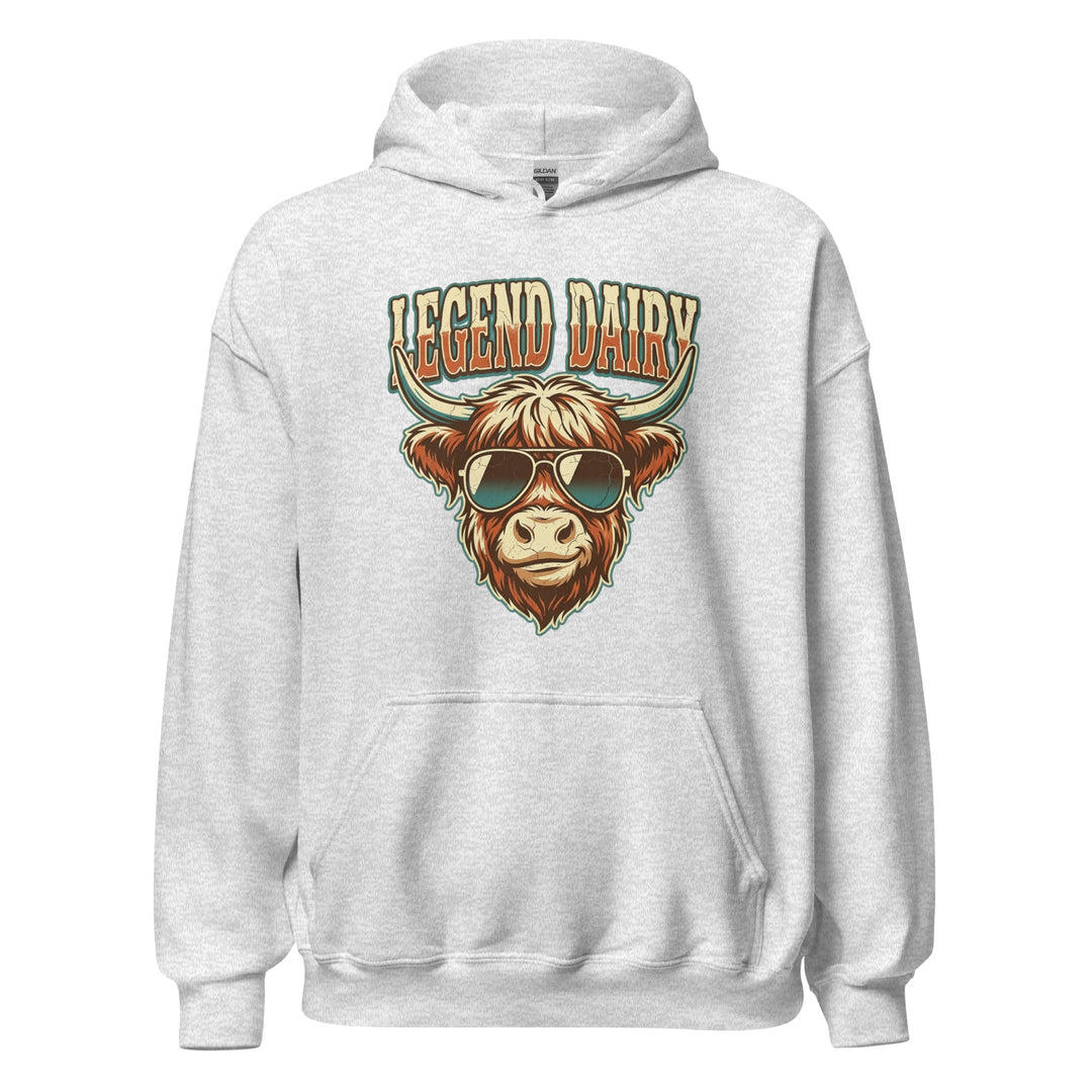 Legend Dairy — a Highland cow wearing sunglasses in a retro badge, captioned Legend Dairy, printed on a unisex hoodie.