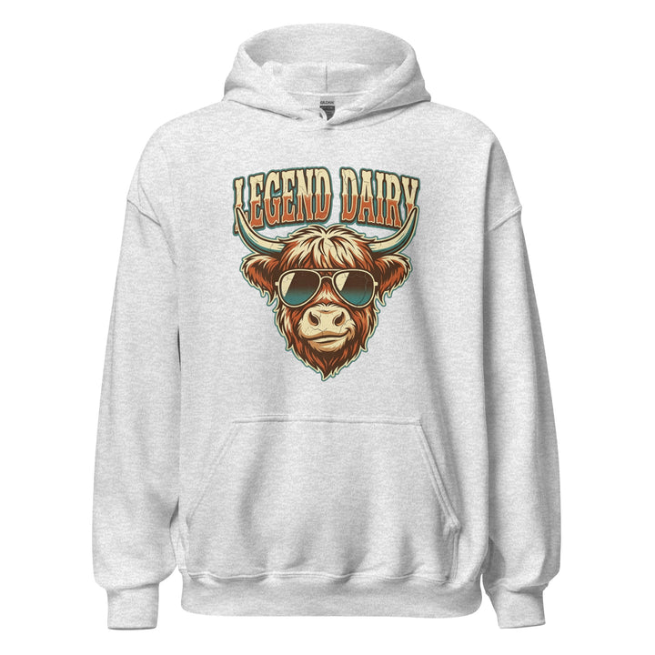 Legend Dairy — a Highland cow wearing sunglasses in a retro badge, captioned Legend Dairy, printed on a unisex hoodie.