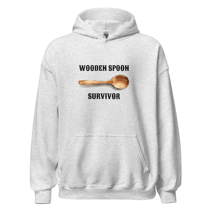 Wooden Spoon Survivor — a lone wooden spoon, captioned Wooden Spoon Survivor, printed on a unisex hoodie.