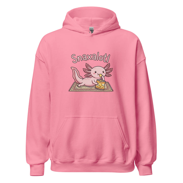 Snaxalotl — a pink axolotl eating a bag of chips on a rug, captioned Snaxalotl, printed on a unisex hoodie.