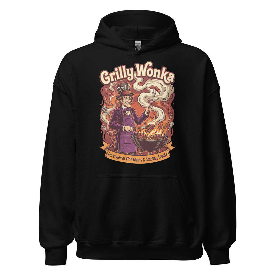 Grilly Wonka funny BBQ graphic tee — Willy Wonka-inspired character in purple top hat holding sausage over open flames, Purveyor of Fine Meats and Smokey Treats banner