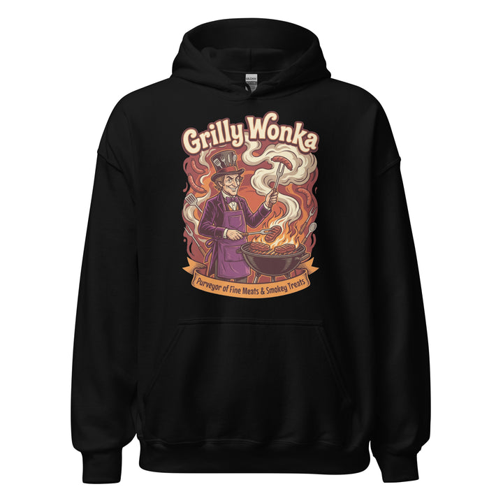 Grilly Wonka funny BBQ graphic tee — Willy Wonka-inspired character in purple top hat holding sausage over open flames, Purveyor of Fine Meats and Smokey Treats banner