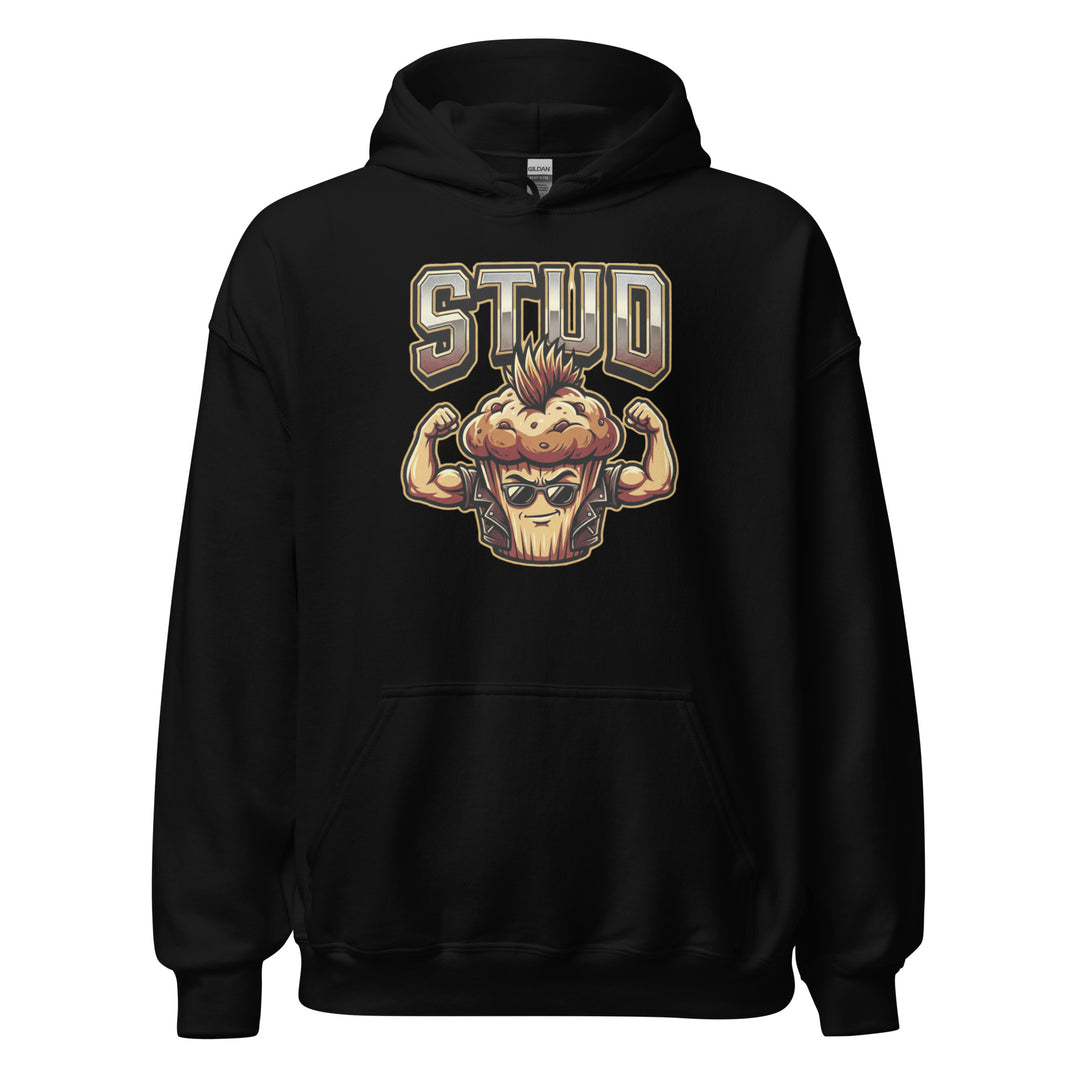 Stud Muffin funny graphic tee — muscular muffin character with mohawk, aviator sunglasses and flexing biceps under large STUD varsity text on white tee