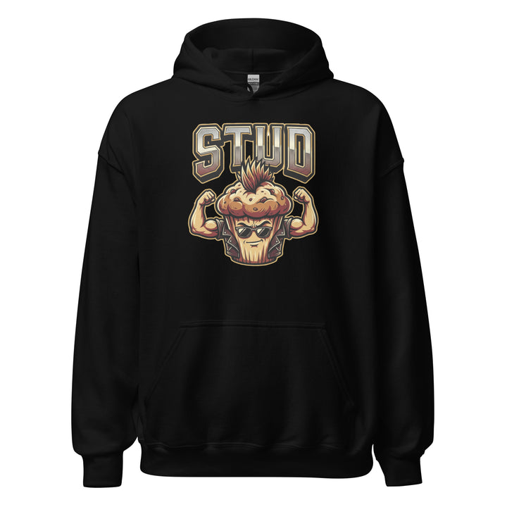 Stud Muffin funny graphic tee — muscular muffin character with mohawk, aviator sunglasses and flexing biceps under large STUD varsity text on white tee