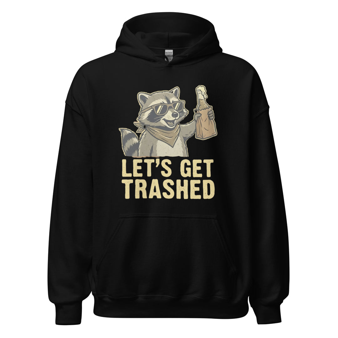Let's Get Trashed funny drinking graphic tee — raccoon in sunglasses holding a beer bottle in paper bag, bold LET'S GET TRASHED text on black tee