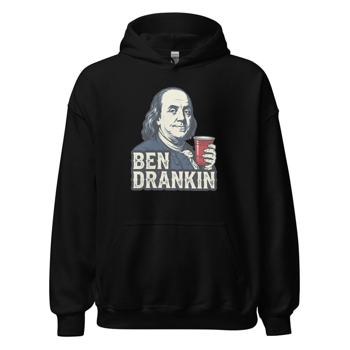 Ben Drankin funny 4th of July drinking graphic tee — Benjamin Franklin portrait holding a red Solo cup with bold BEN DRANKIN text on red tee