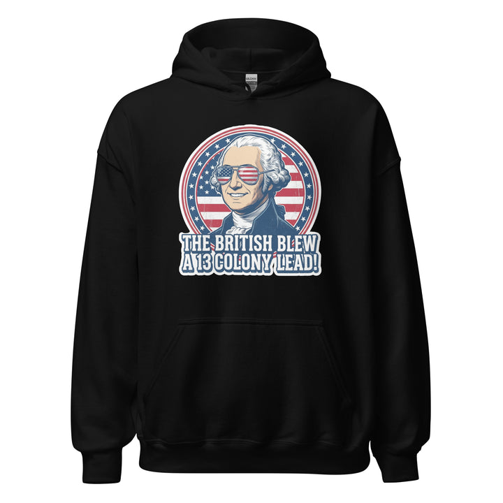 The British Blew A 13 Colony Lead funny 4th of July graphic — George Washington smiling in American flag aviator sunglasses
