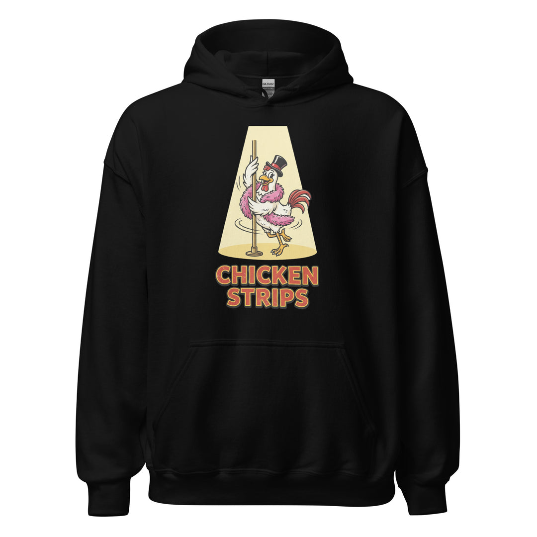 Chicken Strips funny pun graphic tee — cartoon chicken in top hat and pink feather boa pole dancing in a golden spotlight