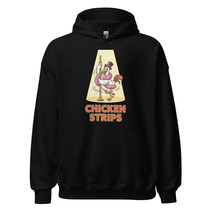 Chicken Strips funny pun graphic tee — cartoon chicken in top hat and pink feather boa pole dancing in a golden spotlight