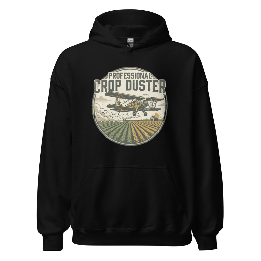 Professional Crop Duster funny graphic tee — vintage badge with biplane dusting crops over farm fields at sunrise