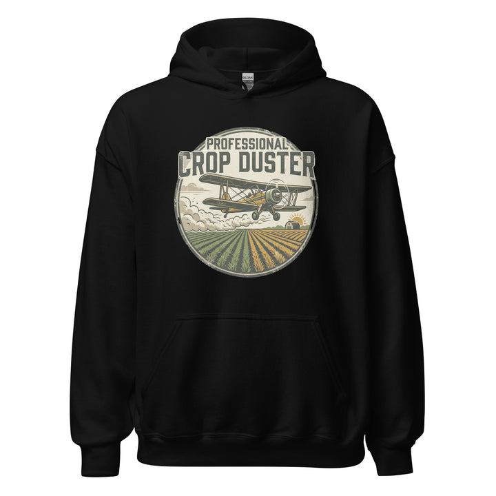 Professional Crop Duster funny graphic tee — vintage badge with biplane dusting crops over farm fields at sunrise