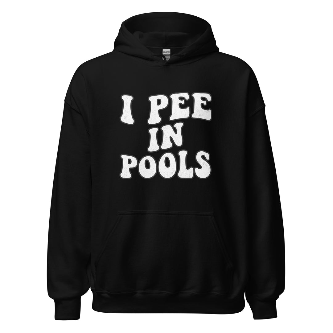 I Pee In Pools funny summer graphic tee — bold groovy white text reading I PEE IN POOLS on black shirt