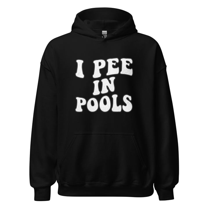 I Pee In Pools funny summer graphic tee — bold groovy white text reading I PEE IN POOLS on black shirt