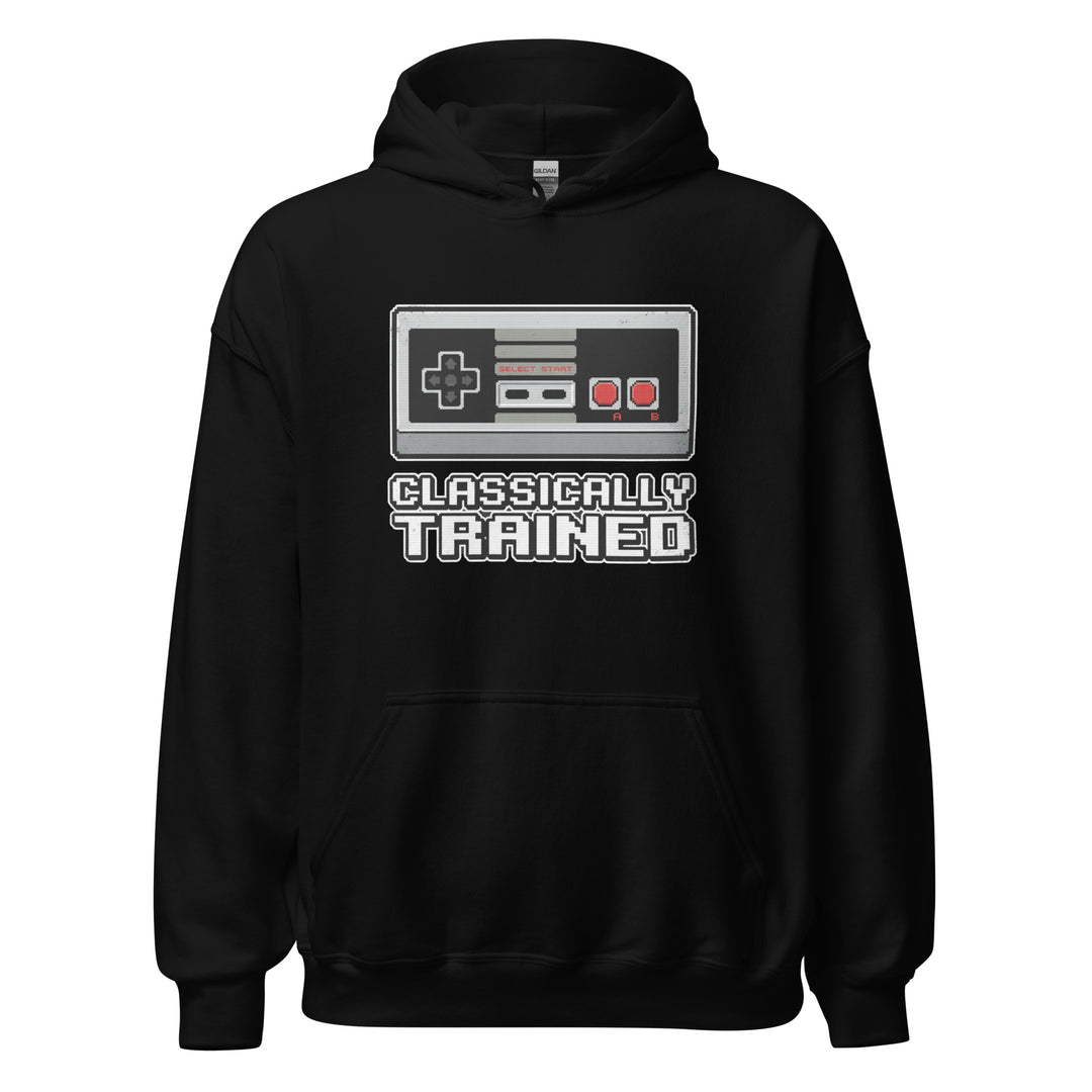 Classically Trained retro gamer graphic tee — 8-bit style NES controller with pixel CLASSICALLY TRAINED text