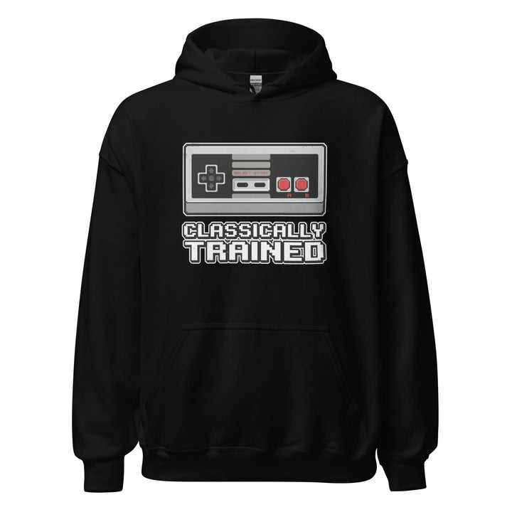 Classically Trained retro gamer graphic tee — 8-bit style NES controller with pixel CLASSICALLY TRAINED text