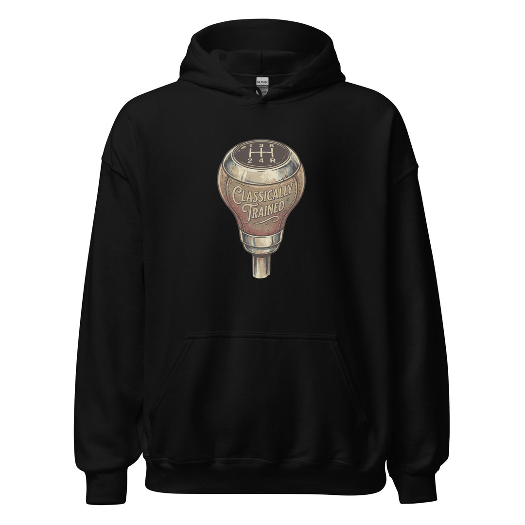 Classically Trained funny manual transmission graphic tee — vintage leather 5-speed gear shift knob with H-pattern shifter diagram