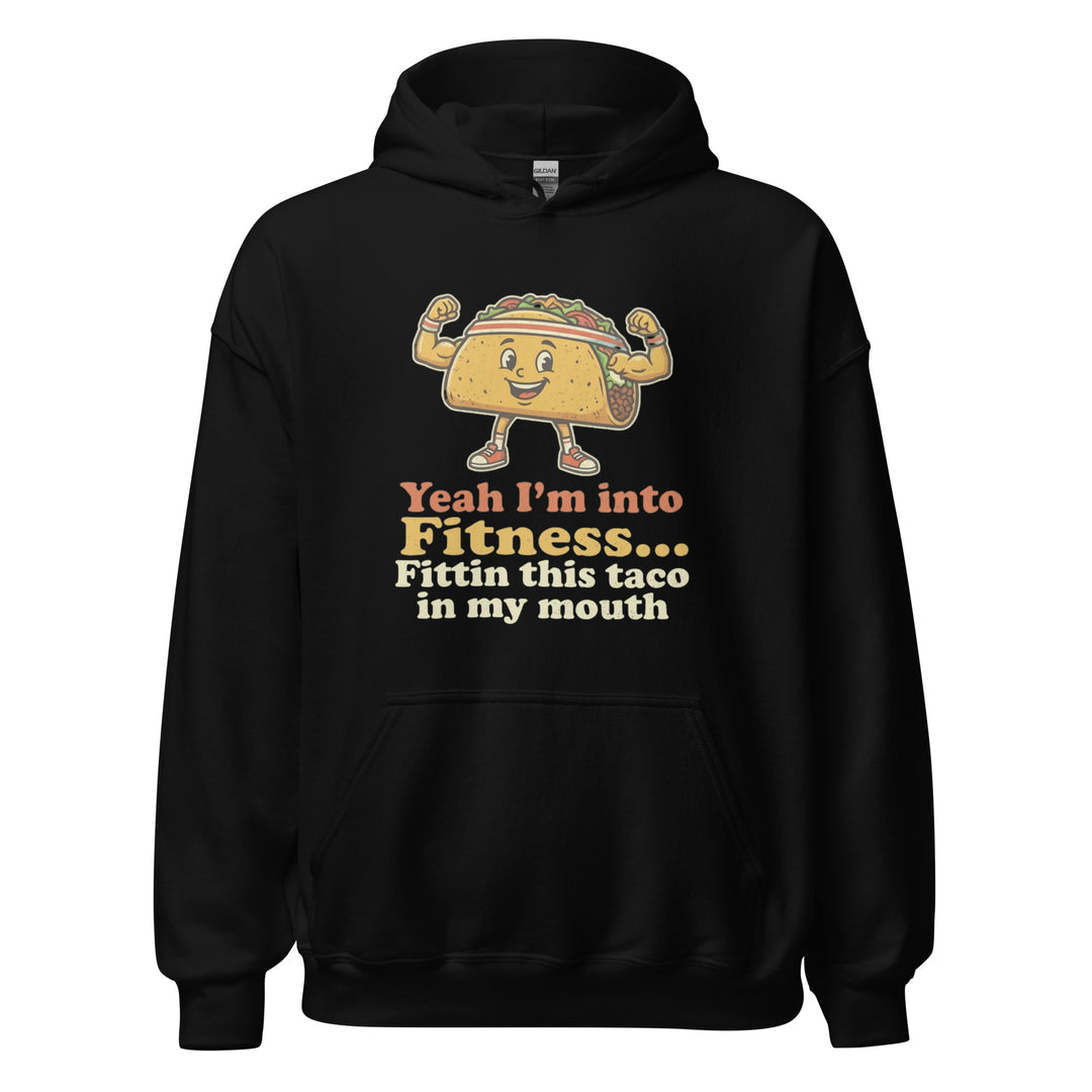 Yeah I'm Into Fitness Fittin This Taco In My Mouth funny graphic tee — flexing cartoon taco wearing a sweatband and sneakers