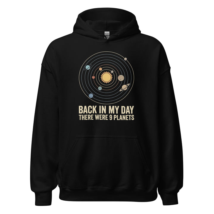 Back In My Day There Were 9 Planets funny graphic tee — vintage solar system diagram with sun, orbit rings, and all nine planets including Pluto
