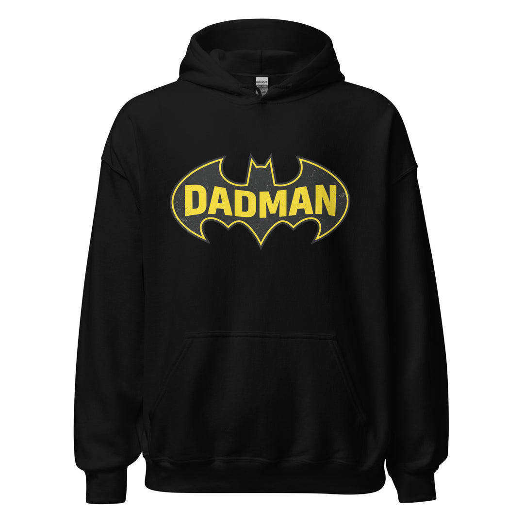 Dadman funny dad superhero graphic tee — yellow and black bat symbol parody with bold DADMAN text