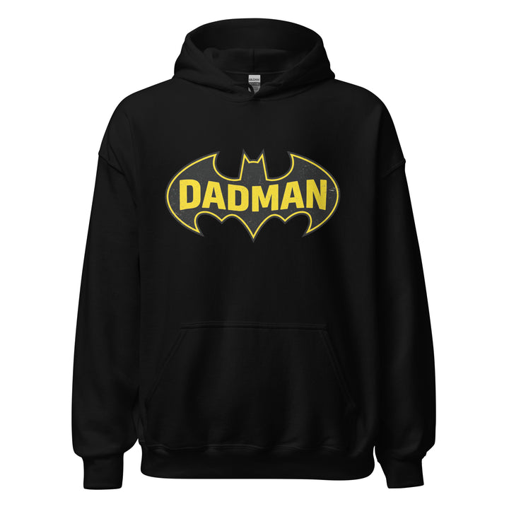 Dadman funny dad superhero graphic tee — yellow and black bat symbol parody with bold DADMAN text