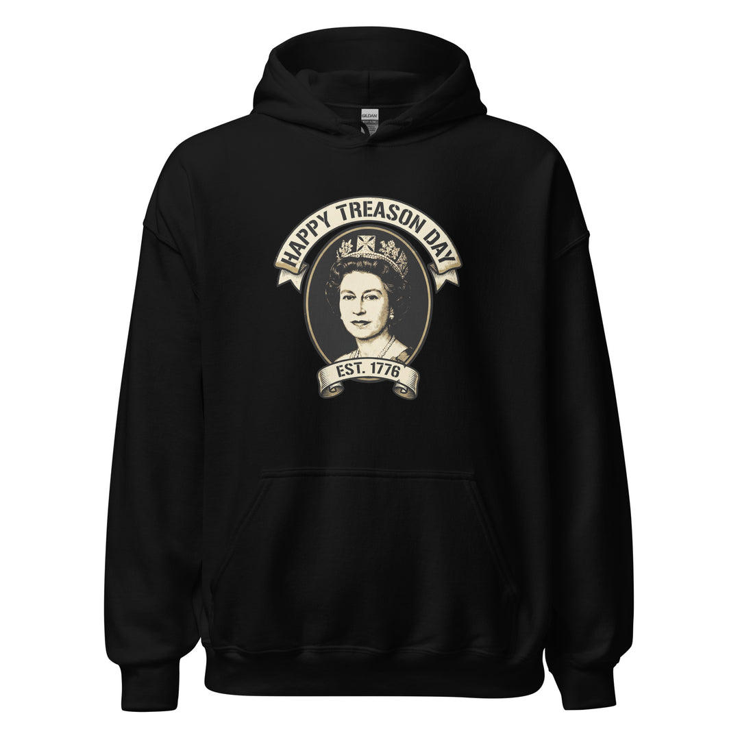 Happy Treason Day funny 4th of July graphic tee — Queen Elizabeth II portrait with HAPPY TREASON DAY banner and EST 1776