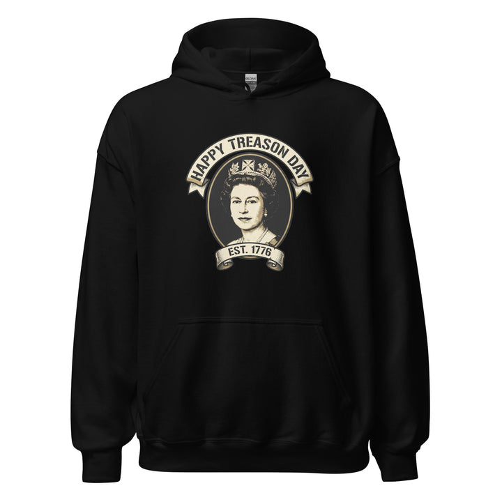 Happy Treason Day funny 4th of July graphic tee — Queen Elizabeth II portrait with HAPPY TREASON DAY banner and EST 1776