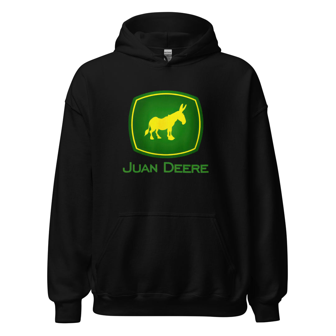 Juan Deere — a John Deere logo parody with a yellow donkey in place of the deer, reading Juan Deere, printed on a unisex hoodie.