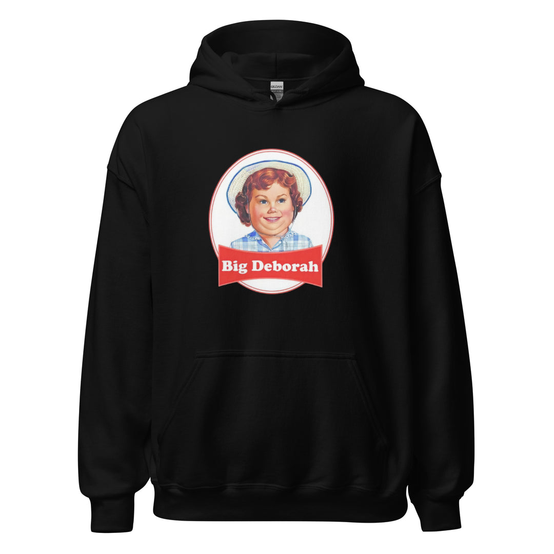 Big Deborah — a Little Debbie style snack-cake logo with a smiling girl in a straw hat, renamed Big Deborah, printed on a unisex hoodie.