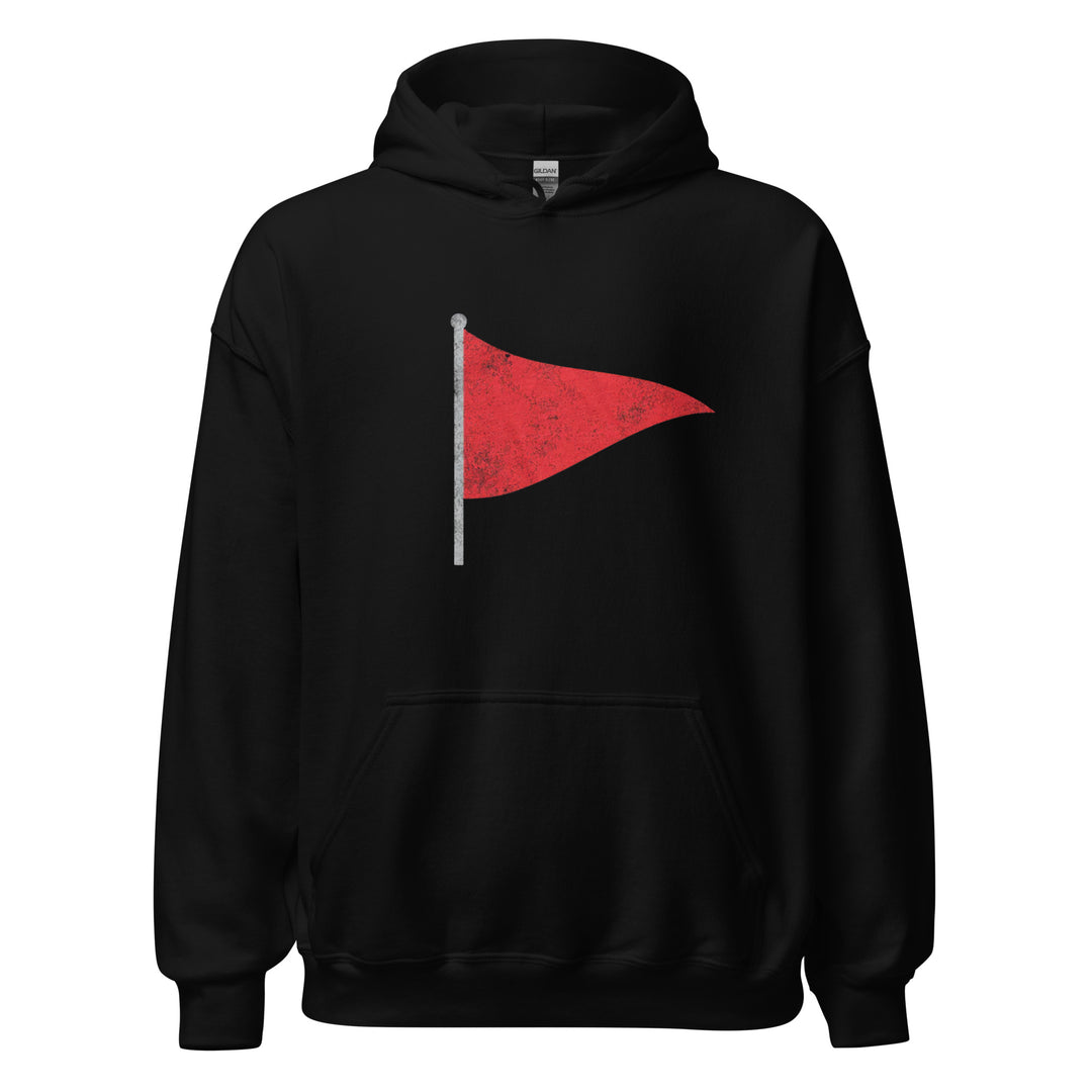 Red Flag — a single distressed red pennant flag on a pole, printed on a unisex hoodie.