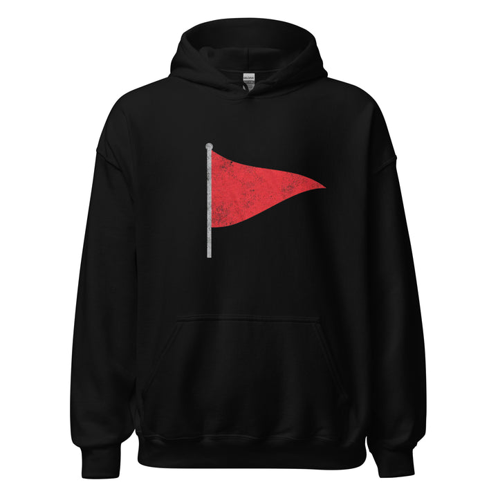 Red Flag — a single distressed red pennant flag on a pole, printed on a unisex hoodie.