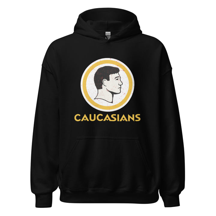 Caucasians — a parody of a vintage sports-team logo showing a slick-haired white man's profile in a circle, reading Caucasians, printed on a unisex hoodie.