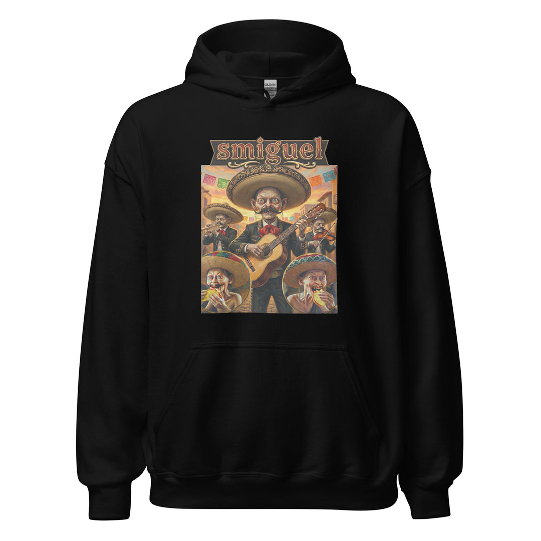 Smiguel — Gollum-like mariachi characters in sombreros eating tacos, captioned Smiguel, printed on a unisex hoodie.