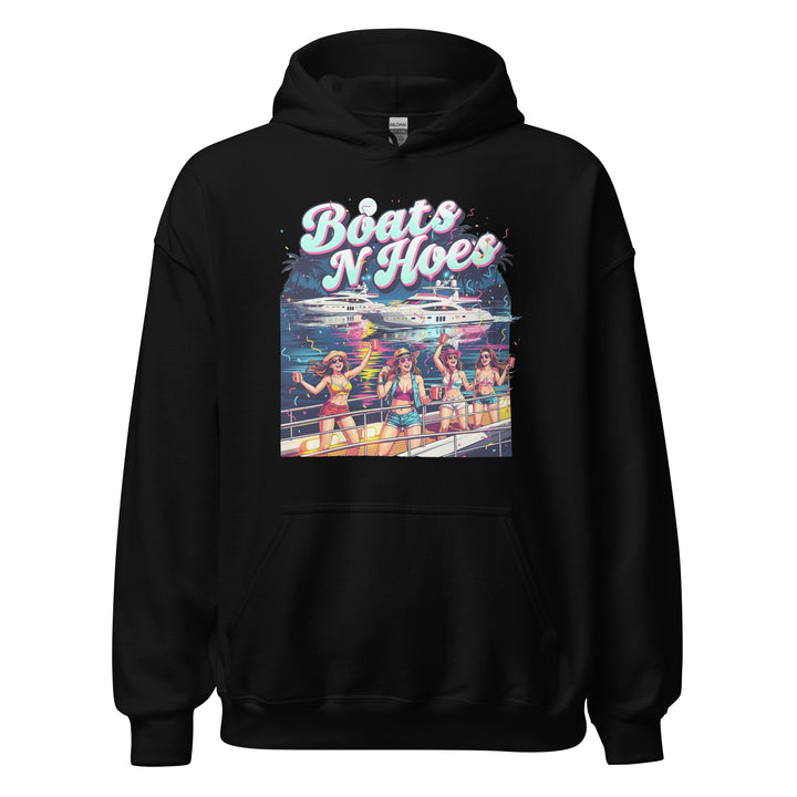 Boats N Hoes — a neon Miami-style yacht party with women in bikinis holding red cups, captioned Boats N Hoes, printed on a unisex hoodie.