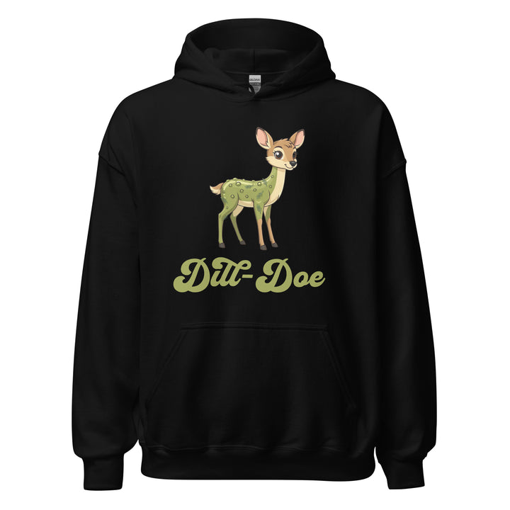Dill-Doe — a cute cartoon deer covered in green pickle spots, captioned Dill-Doe, printed on a unisex hoodie.