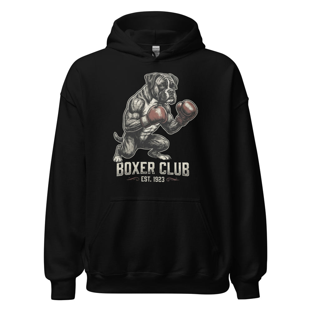 Boxer Club — a muscular boxer dog standing upright with red boxing gloves, reading Boxer Club Est 1923, printed on a unisex hoodie.