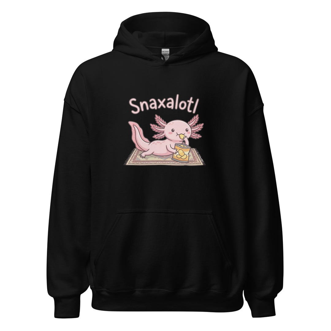Snaxalotl — a pink axolotl eating a bag of chips on a rug, captioned Snaxalotl, printed on a unisex hoodie.