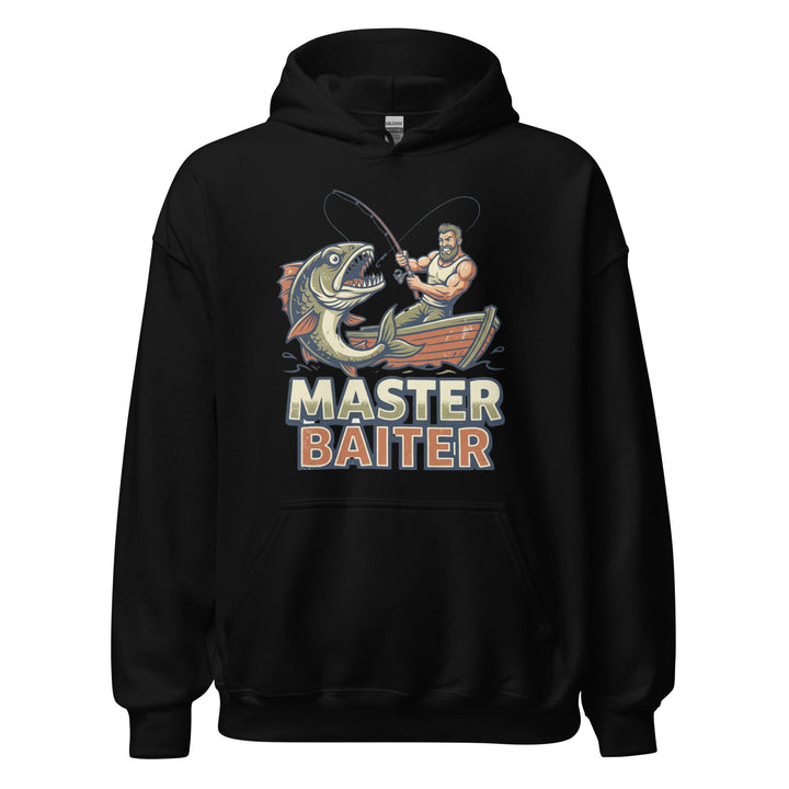 Master Baiter — a muscular fisherman in a boat reeling in a huge fish, with bold Master Baiter lettering, printed on a unisex hoodie.