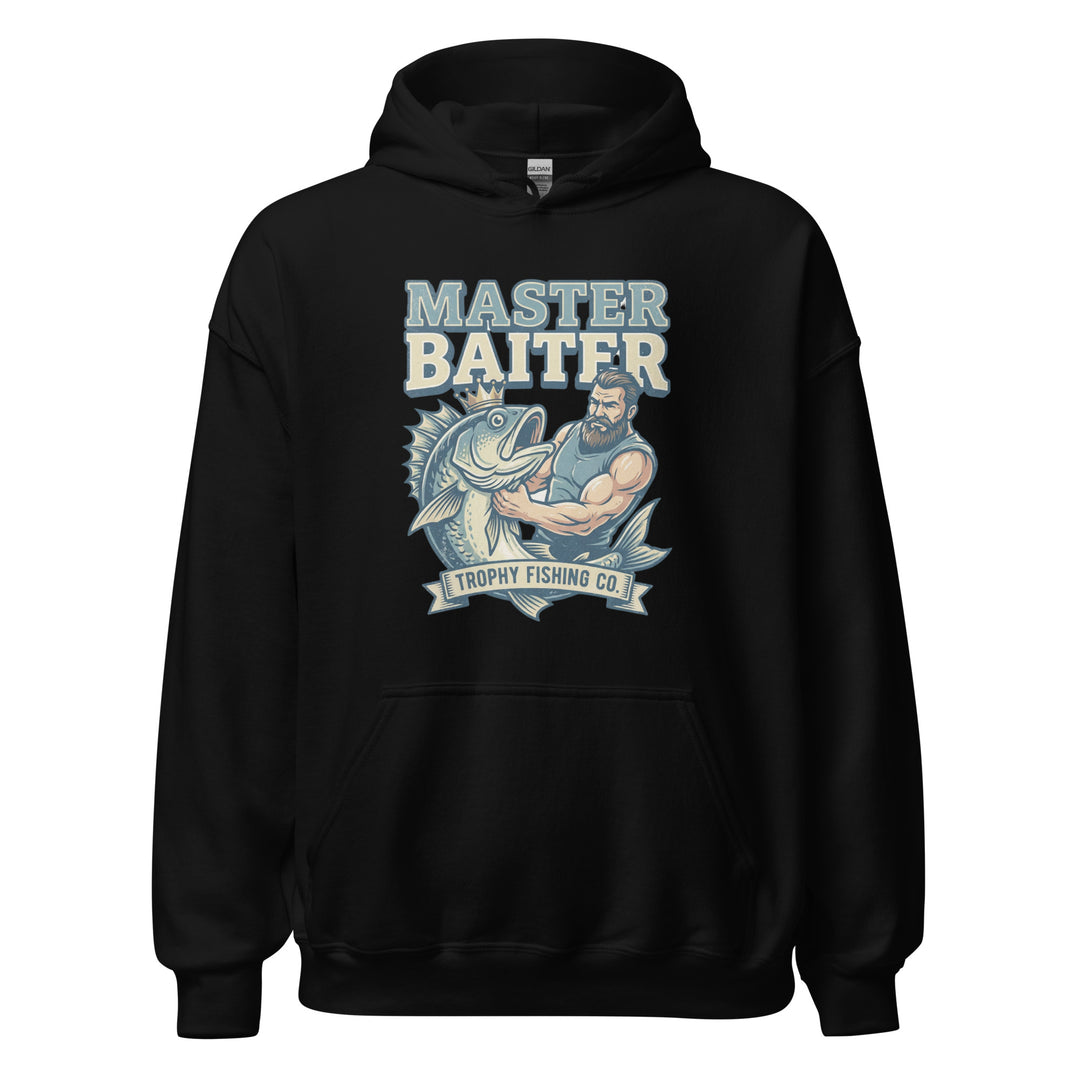 Master Baiter — a muscular bearded fisherman flexing next to a big trophy fish, with a Master Baiter Trophy Fishing Co. badge, printed on a unisex hoodie.