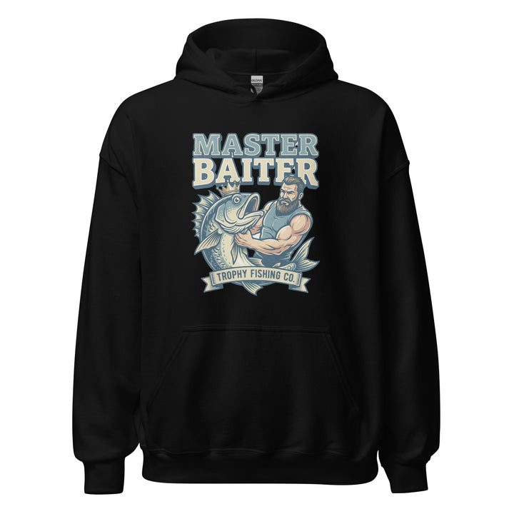Master Baiter — a muscular bearded fisherman flexing next to a big trophy fish, with a Master Baiter Trophy Fishing Co. badge, printed on a unisex hoodie.