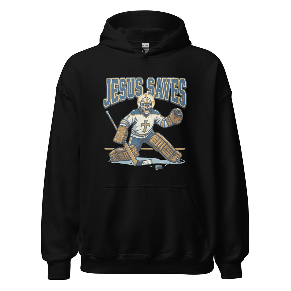 Jesus Saves — Jesus as a hockey goalie making a save, captioned Jesus Saves Est 33 AD, printed on a unisex hoodie.