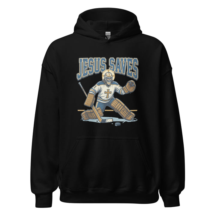 Jesus Saves — Jesus as a hockey goalie making a save, captioned Jesus Saves Est 33 AD, printed on a unisex hoodie.