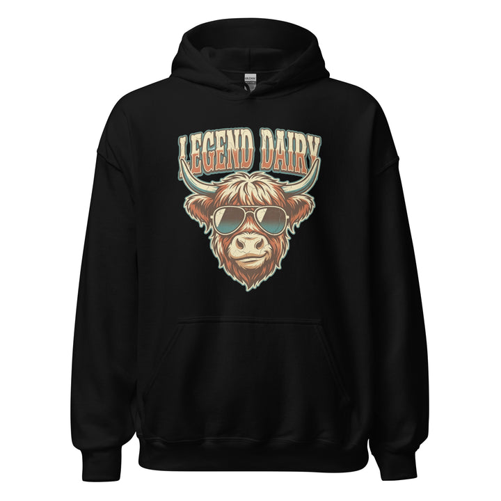 Legend Dairy — a Highland cow wearing sunglasses in a retro badge, captioned Legend Dairy, printed on a unisex hoodie.